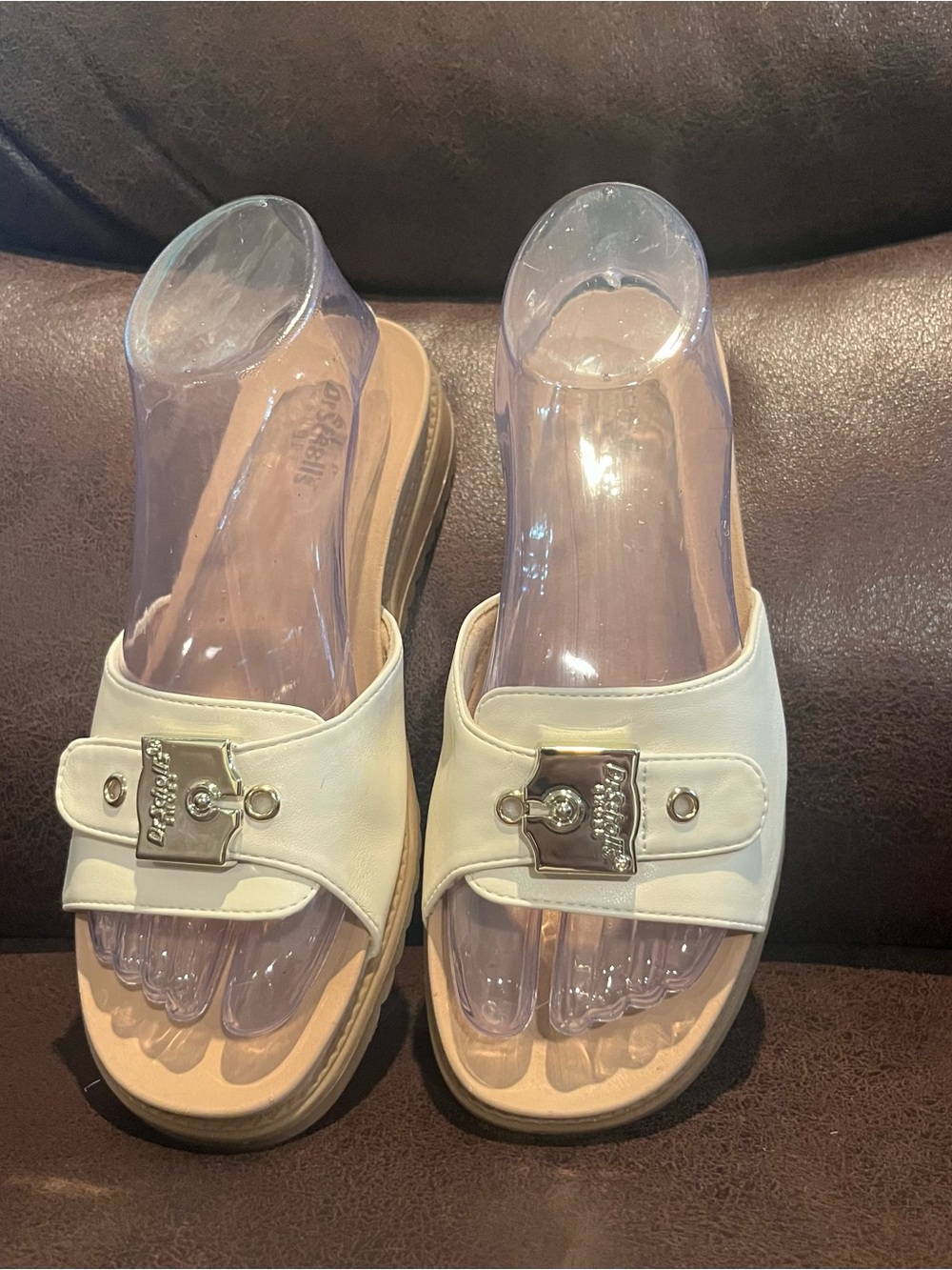 Dr. Scholl's White Slide Mules with Silver Hardware